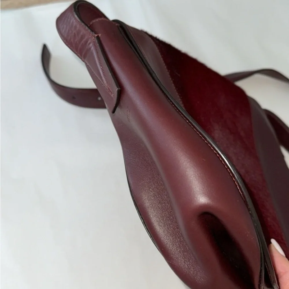 Vince‎ Maroon Burgundy Calf Hair Leather Rounded Crossbody Saddle Bag